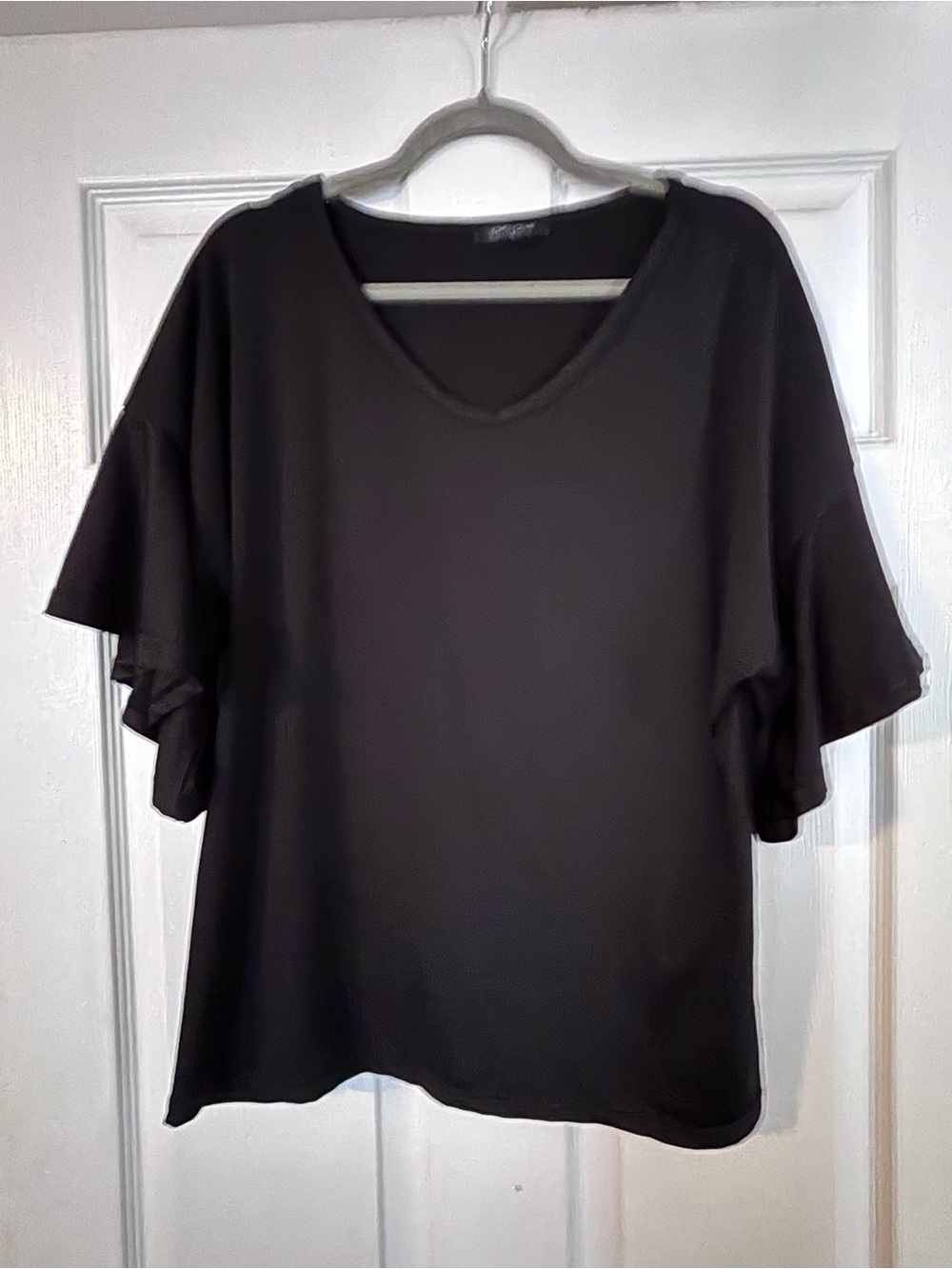 Black V-Neck Ruffle Sleeve Blouse